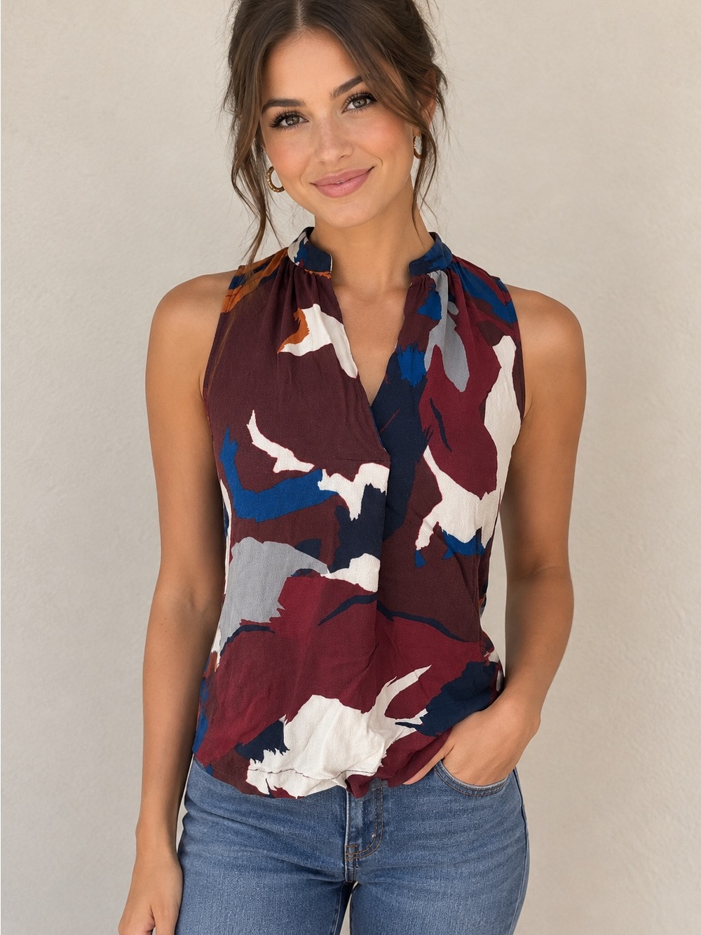 LOFT XXSP Petite Abstract Split Neck Sleeveless Blouse Maroon Blue Jewel Tone